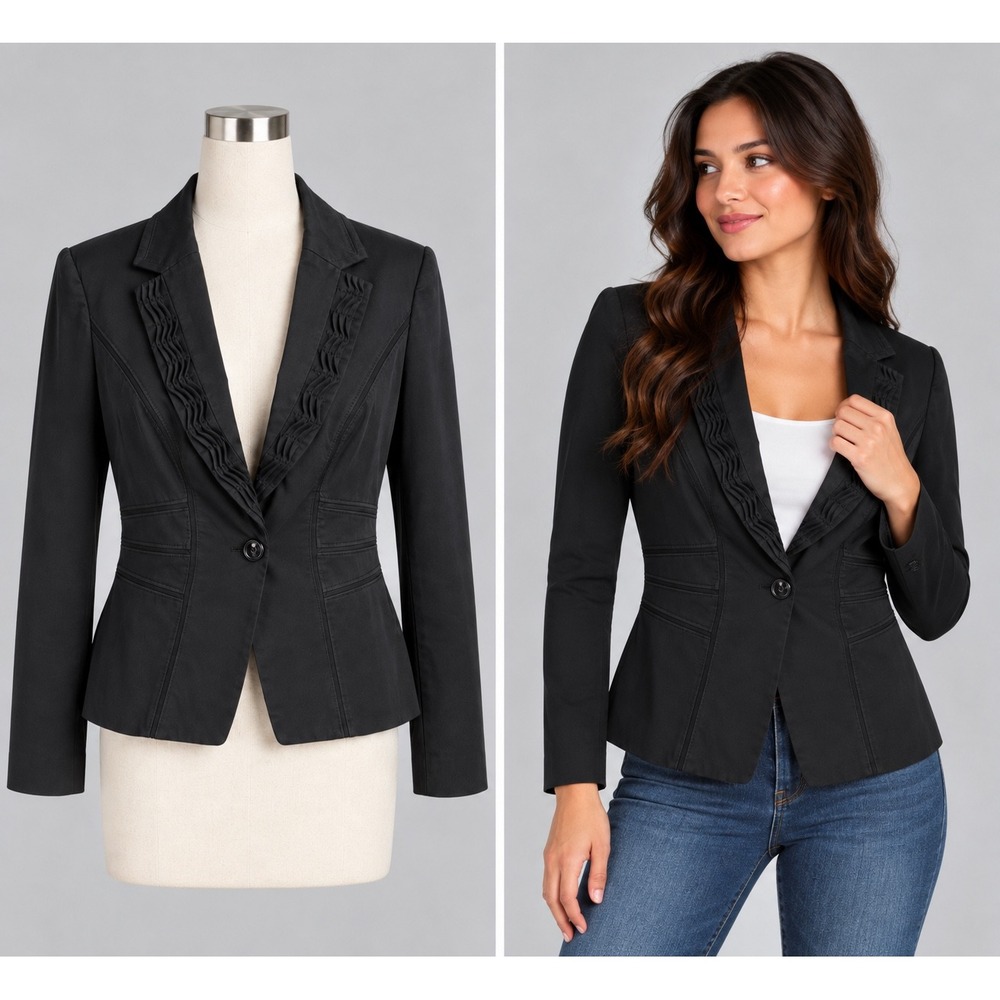 White House Black Market Blazer Womens 8 Black Ruffle Trim Professional Office